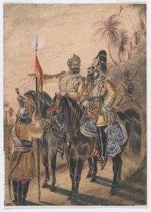 Due ufficiali a cavallo e un sowar smontato, 4° Cavalleria Irregolare del Bengala, c.1850 da Bethune Donald Grant