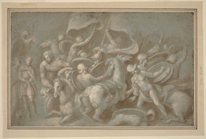 Scena di battaglia (pennello e lavaggio marrone con gouache bianca su gesso nero su carta blu) da Biagio Pupini