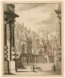 Scenografia, città su una collina con edifici torreggianti da Bibiena Family, 1657