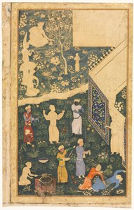 Musicisti e servitori fuori da un accampamento reale recto, c. 1485 da Bihzad