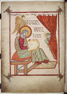 San Matteo, che scrive, con il suo simbolo, dai Vangeli di Lindisfarne, 710-721