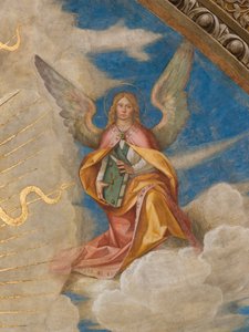 Abside, Catino absidale, Pantocratore tra i Santi Marcellino, Imerio, Omobono, Pietro Esorcista (dettaglio angelo destro) da Boccaccio Boccaccino