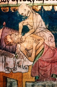La morte strangola una vittima della peste - Miniatura estratta dal codex Stini, Boemia da Bohemian School