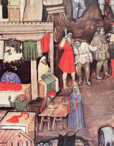 Mercanti di tessuti in un mercato, dal manoscritto 