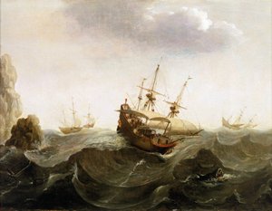 Nave mercantile olandese per le Indie Orientali lascia passare due barche da pesca di aringhe (metà del XVII secolo) da Bonaventura Peeters