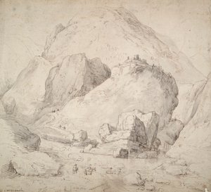 Paesaggio montuoso con figura a cavallo in primo piano