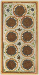 Il Nove di Denari, facsimile di una carta dei tarocchi dal mazzo 