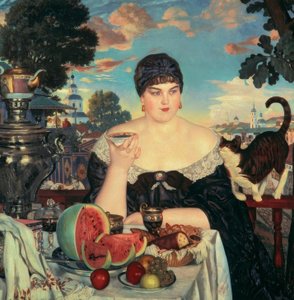 Moglie del mercante al tè da Boris Mikhailovich Kustodiev