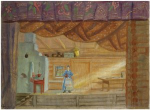 Scenografia per il dramma Virineya di Lidia Seyfullina, 1925 da Boris Mikhailovich Kustodiev