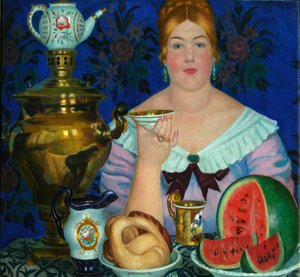 La moglie del mercante che beve tè, 1923 da Boris Mikhailovich Kustodiev