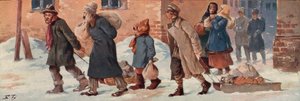 Operai sovietici che lasciano i loro uffici con le razioni di cibo da Boris Vasilievich Zvorykin