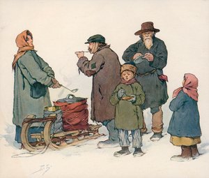 Donna che vende zuppa calda per strada nella Russia Sovietica