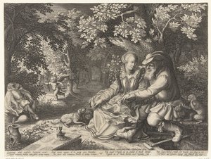 Morte e Cupido si scambiano frecce e un vecchio corteggia una giovane donna da Boëtius Adamsz. Bolswert