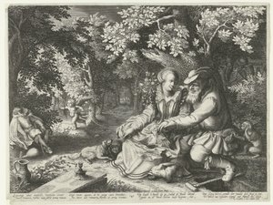 Morte e Cupido si scagliano frecce a vicenda e un vecchio corteggia una giovane donna da Boëtius Adamsz. Bolswert