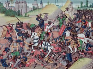 Battaglia tra Saraceni e Cristiani durante le Crociate, da Chroniques des empereurs di David Aubert, 1462
