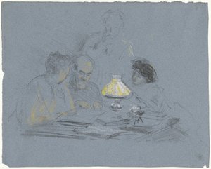A. Grandmont e tre figure, che leggono alla luce della lampada