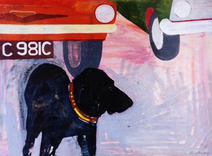 Cane al parcheggio di auto usate, Rex con auto arancione da Brenda Brin Booker