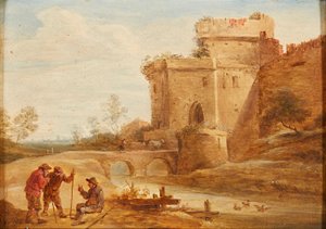 Paesaggio classico con figure e animali su un sentiero