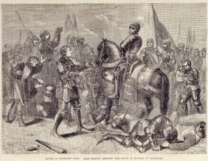 Battaglia di Bosworth. Lord Stanley porta la corona di Riccardo III a Richmond (1485): fine della Guerra delle Due Rose - in Storia illustrata d