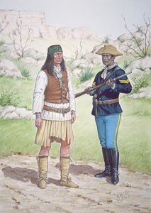 Un guerriero apache Chiricahua e un caporale del 10° reggimento di cavalleria statunitense nel 1886, da un set di sei tableaux