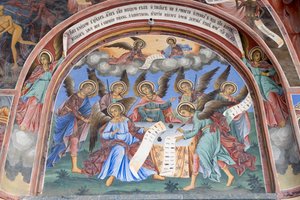 Bulgaria, Monastero di Rila, affresco di un angelo nella chiesa della Natività della Vergine da Bulgarian School