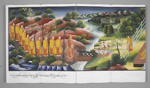Or. 13534, f.23 Monaci che attraversano un fiume, Scene della vita di Buddha da Burmese School