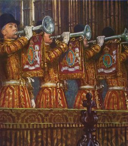 Trombettieri della Cavalleria di Casa che suonano una fanfara (litografia a colori) da Byam (after) Shaw