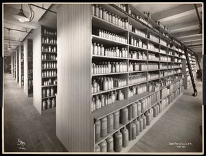 Vista interna di un magazzino chimico presso Parke, Davis und Co., chimici, Hudson und Vestry Streets, New York, 1910