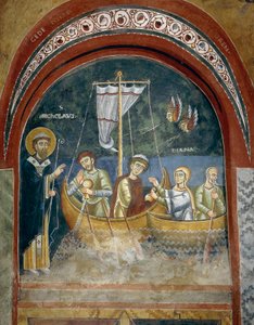 Apparizione di San Nicola ai naufraghi, Dettaglio dalle Storie della vita di San Nicola, affreschi romanici in stile bizantino, fine XI secolo, Cappella di San Eldrado e San Nicola, Abbazia di Novalesa, Piemonte, Italia
