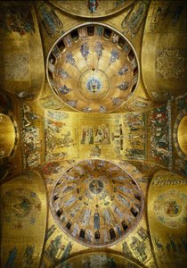 Architettura bizantina: vista delle cupole con mosaici su sfondo dorato che illustrano la Pentecoste (1250-1300) e l