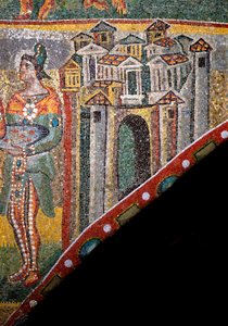 Arte cristiana: "Adorazione dei Magi". Dettaglio del paesaggio. Mosaico del V secolo. Arco trionfale, Basilica di Santa Maria Maggiore, Roma. da Byzantine