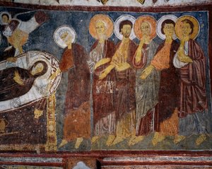 Dormizione della Vergine tra gli Apostoli, Dettaglio, affresco bizantino (XIII secolo), Gulsehir Karsi Kilise (Chiesa di San Giovanni), Goreme (Patrimonio dell