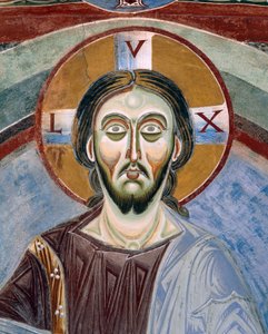 Volto di Cristo Pantocratore, Dettaglio degli affreschi romanici in stile bizantino, fine XI secolo, Cappella di San Eldrado e San Nicola, Abbazia di Novalesa, Piemonte, Italia da Byzantine