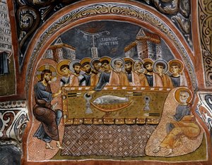 Ultima Cena, affresco bizantino (XII secolo), Karanlik Kilise (Chiesa Oscura) (XII-XIII secolo), Goreme (Lista del Patrimonio Mondiale dell