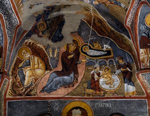 Natività, affresco bizantino (XII secolo), Karanlik Kilise (Chiesa Oscura) (XII-XIII secolo), Goreme (Patrimonio dell