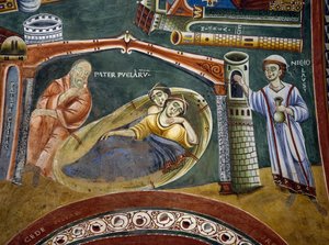 San Nicola salva un ricco mercante caduto in povertà e paga la dote delle sue figlie, dettaglio dalle Storie di San Nicola, affresco romanico, stile bizantino, fine XI secolo, Cappella di Sant