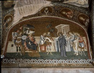 Il censimento, Maria e Giuseppe davanti a Erode il Grande (Mosaico del 1310-1320) da Byzantine