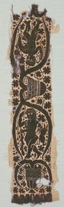 Raro frammento di tunica di seta con fascia ornamentale sulla manica, 400-500 (tessitura semplice, seta, tessitura arazzo con avvolgimento supplementare, lino non tinto, lana tinta, seta)