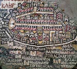 Arte bizantina: la mappa più antica della Palestina. Dettaglio che rappresenta Gerusalemme. Mosaico del VI secolo. Madaba, Chiesa di San Giorgio