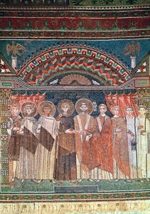 Costantino IV (654-85) concede privilegi al vescovo Reparato per la chiesa di Ravenna, 671-77 (mosaico) da Byzantine School