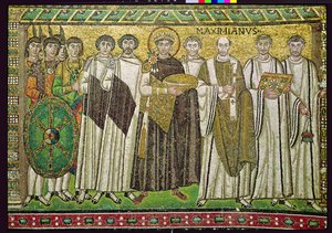Imperatore Giustiniano I e il suo seguito di funzionari, guardie e clero, c.547 d.C. (mosaico)