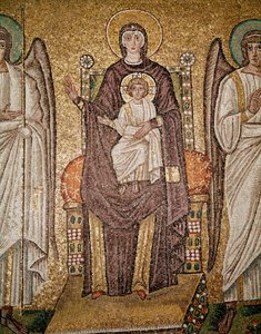 La vergine bizantina (dettaglio di mosaici, VI secolo) da Byzantine School