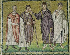 La guarigione di due ciechi di Gerico, scene dalla vita di Cristo (mosaico) da Byzantine School
