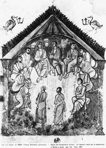 Gli apostoli riuniti per la sostituzione di Giuda con Mattia, foglio dai Vangeli di Rabula, 586 d.C. da Byzantine School
