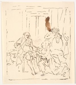Una donna inginocchiata davanti a un uomo seduto. Sullo sfondo una donna che piange, appoggiata a una sedia. Scena teatrale? da C.A. Lorentzen