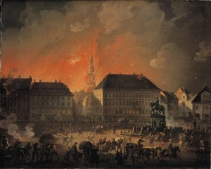 La notte più terribile. Vista di Kongens Nytorv a Copenaghen durante il bombardamento inglese di Copenaghen nella notte tra il 4 e il 5 settembre 1807 da C.A. Lorentzen