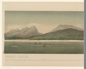 Vista sulla costa di Groot-Atjeh, con la flotta della Prima spedizione di Atjeh da C.A. Whitten