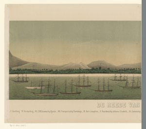 Vista sulla costa di Grande Aceh, con la flotta della Prima Spedizione di Aceh da C.A. Whitten