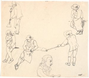 Schizzo con sei figure maschili, due con pale, tre seduti, e un profilo maschile da C.D. Fritzsch