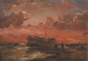 Un naufragio sulla costa occidentale dello Jutland al tramonto